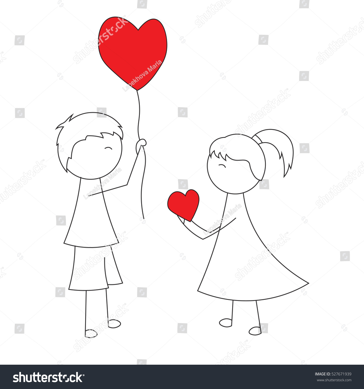 Simple Cartoon Boy Gives A Balloon Heart Girl A Royalty Free Stock Vector Avopix Com