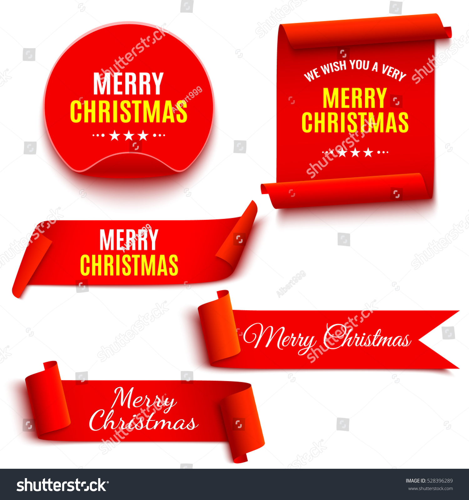 Set of red Christmas banners. Ribbons and round sticker. Paper scrolls. Vector illustration. #528396289