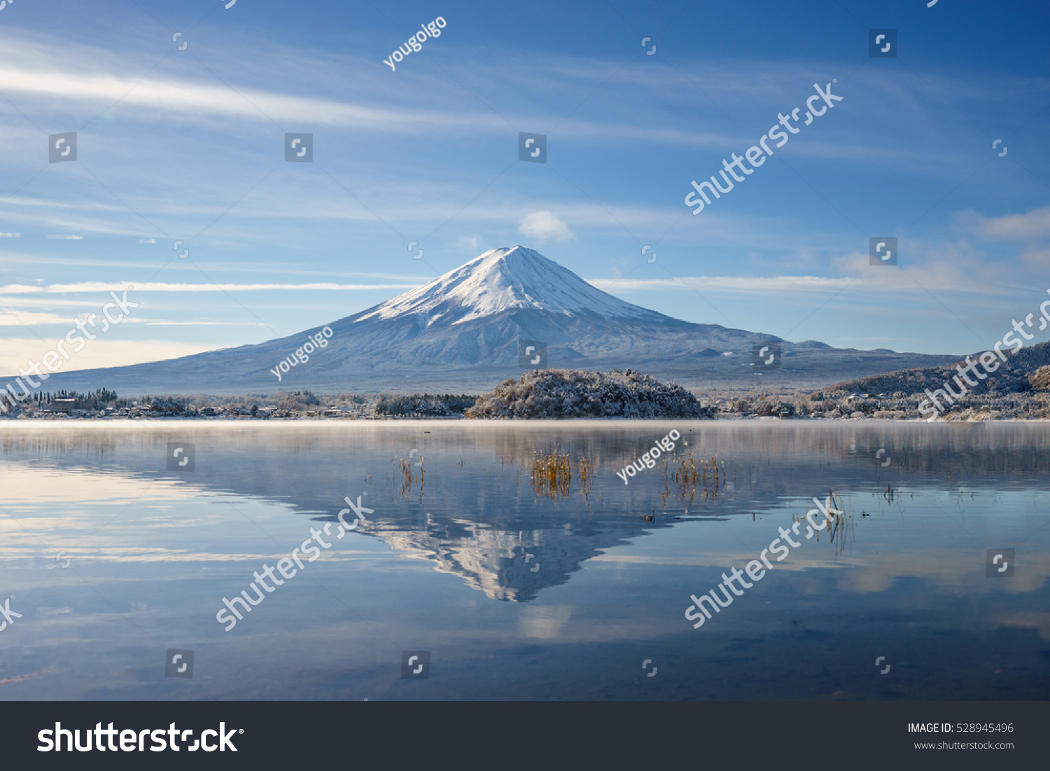 Mt Fuji reflection on water.Fujisan Mountain reflection on water. #528945496