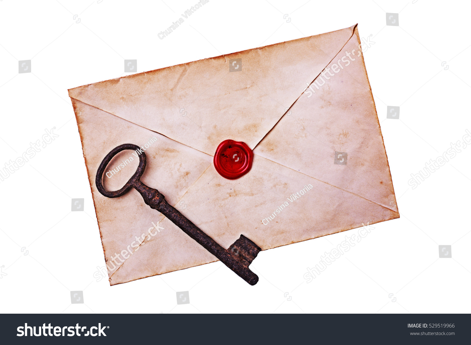 Old envelope with red wax and rusty key isolated on white background. #529519966