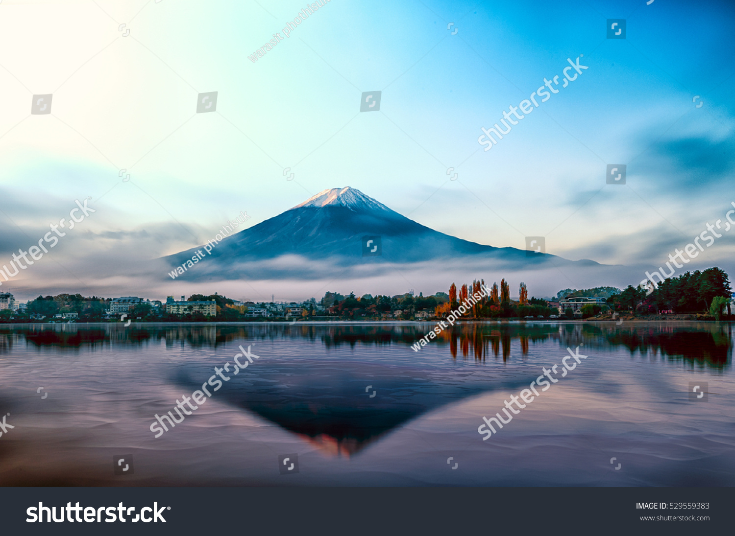 Mt Fuji in the early morning with reflection on the lake kawaguchiko #529559383