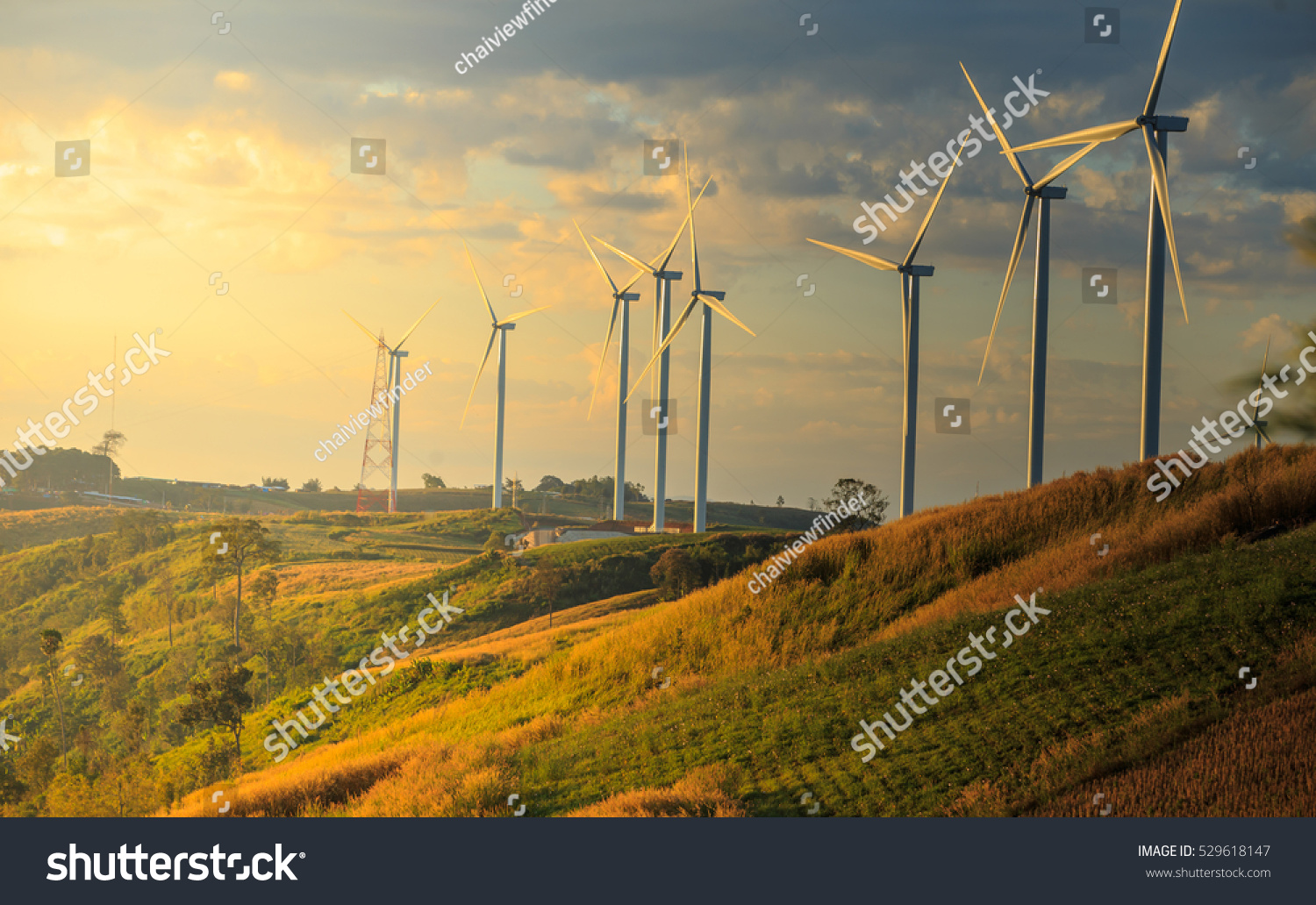 Wind turbines on sunny morning #529618147