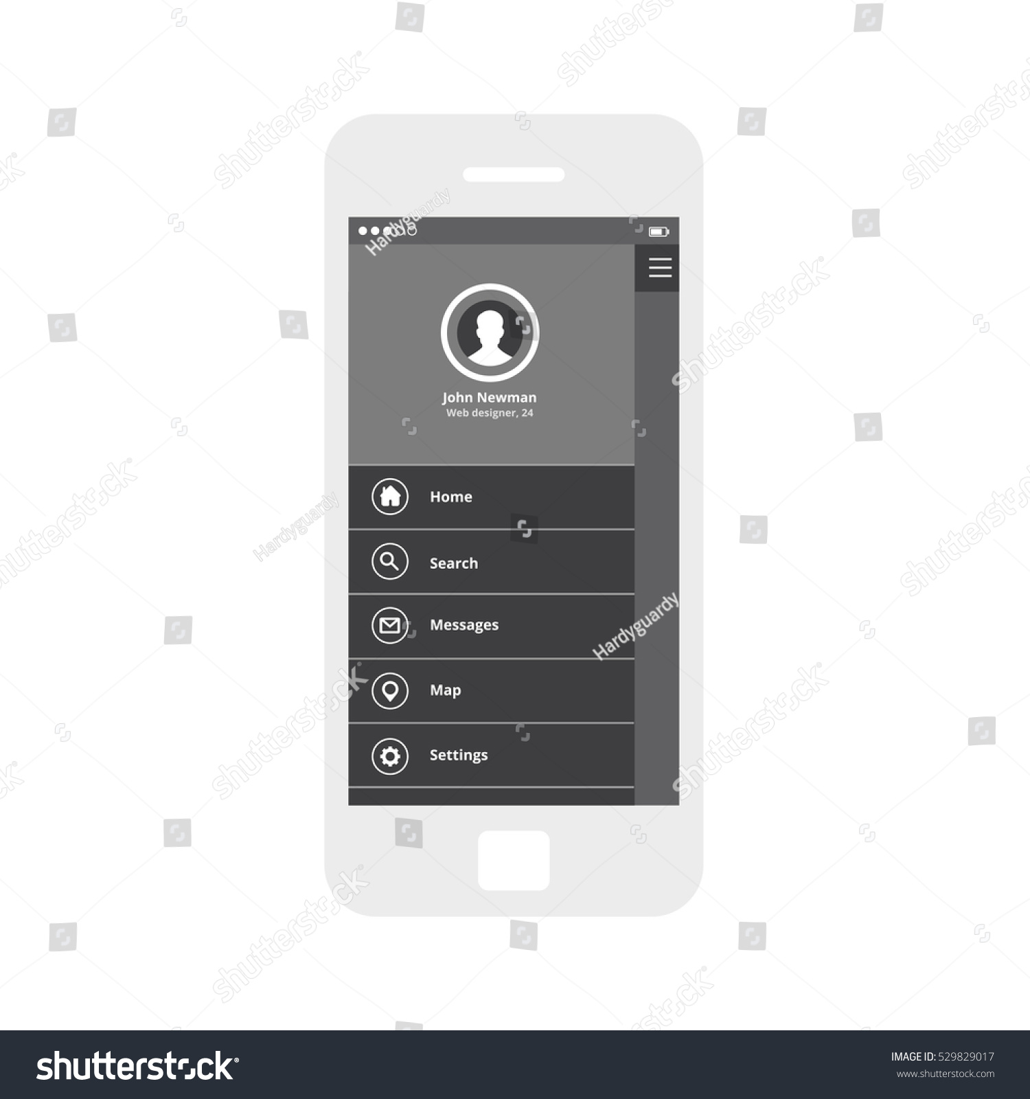 Mobile app single screen ui kit. Sidebar profile - Royalty Free Stock ...