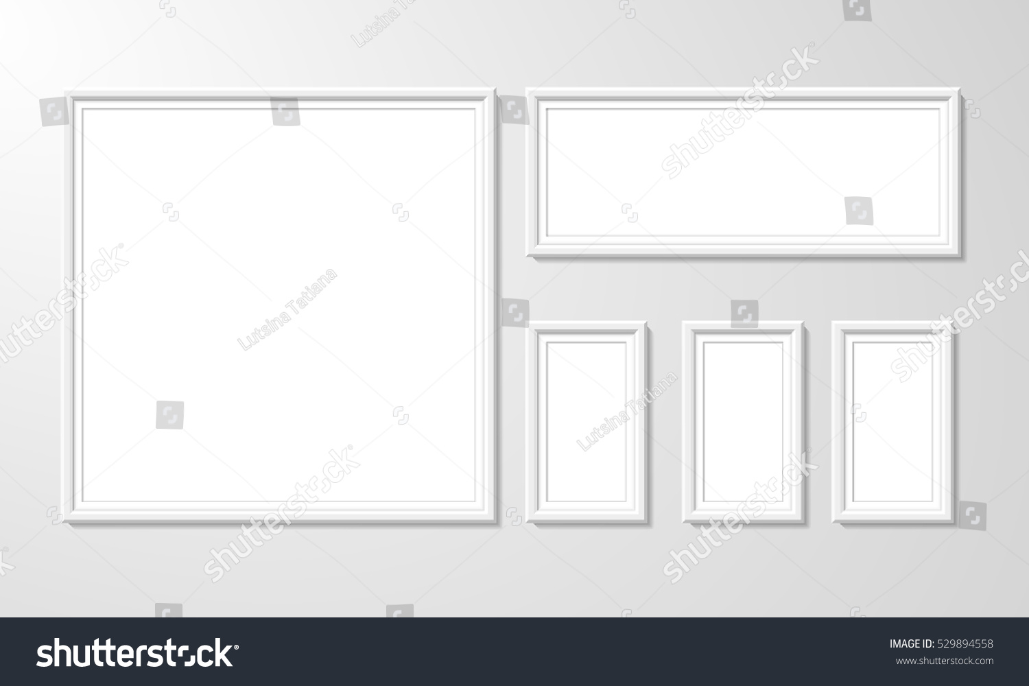 blank picture frame template set isolated on wall. Set of white photo frames. Vector realistic white picture frame composition. Modern design element for you product mock-up or presentation. #529894558