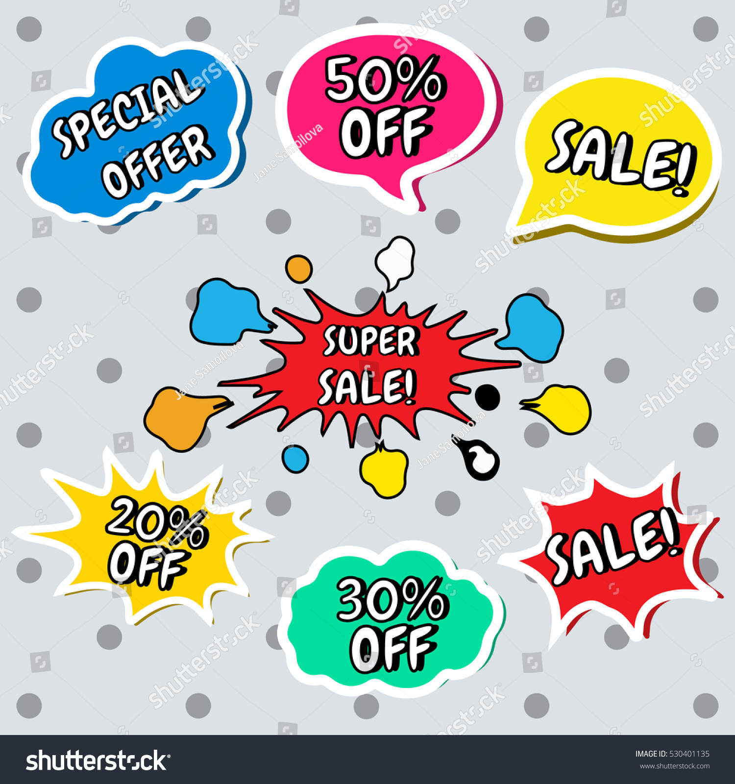 Set of vector colorful stickers in cartoon, comics style with text in speech bubbles. Sale, % off, special offer, super sale. Website badges. Black friday. Online shopping #530401135