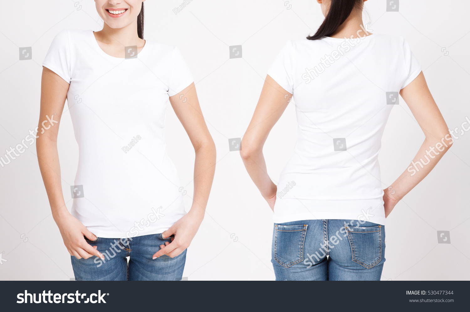 T-shirt design and people concept - close up of young woman in blank white t-shirt, shirt front and rear isolated. Mock up. #530477344