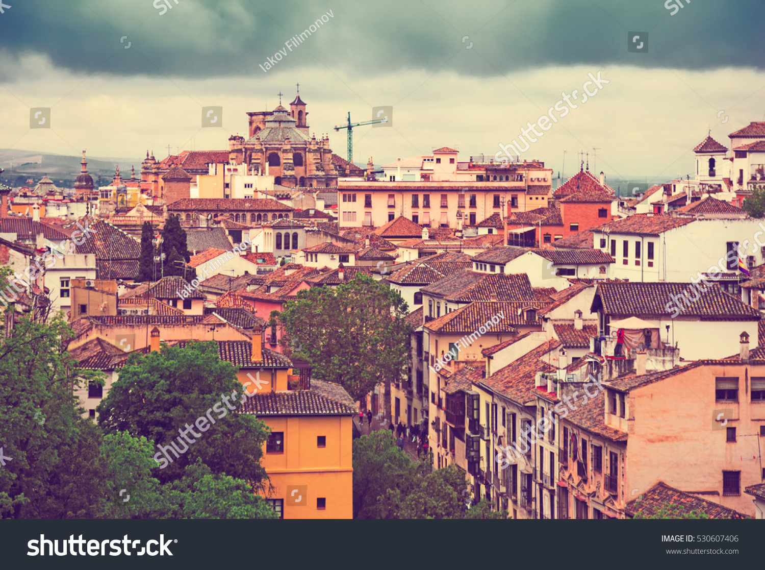 Day view to historic  part Granada with Cathedral of the Incarnation.  Andalusia,   Spain #530607406
