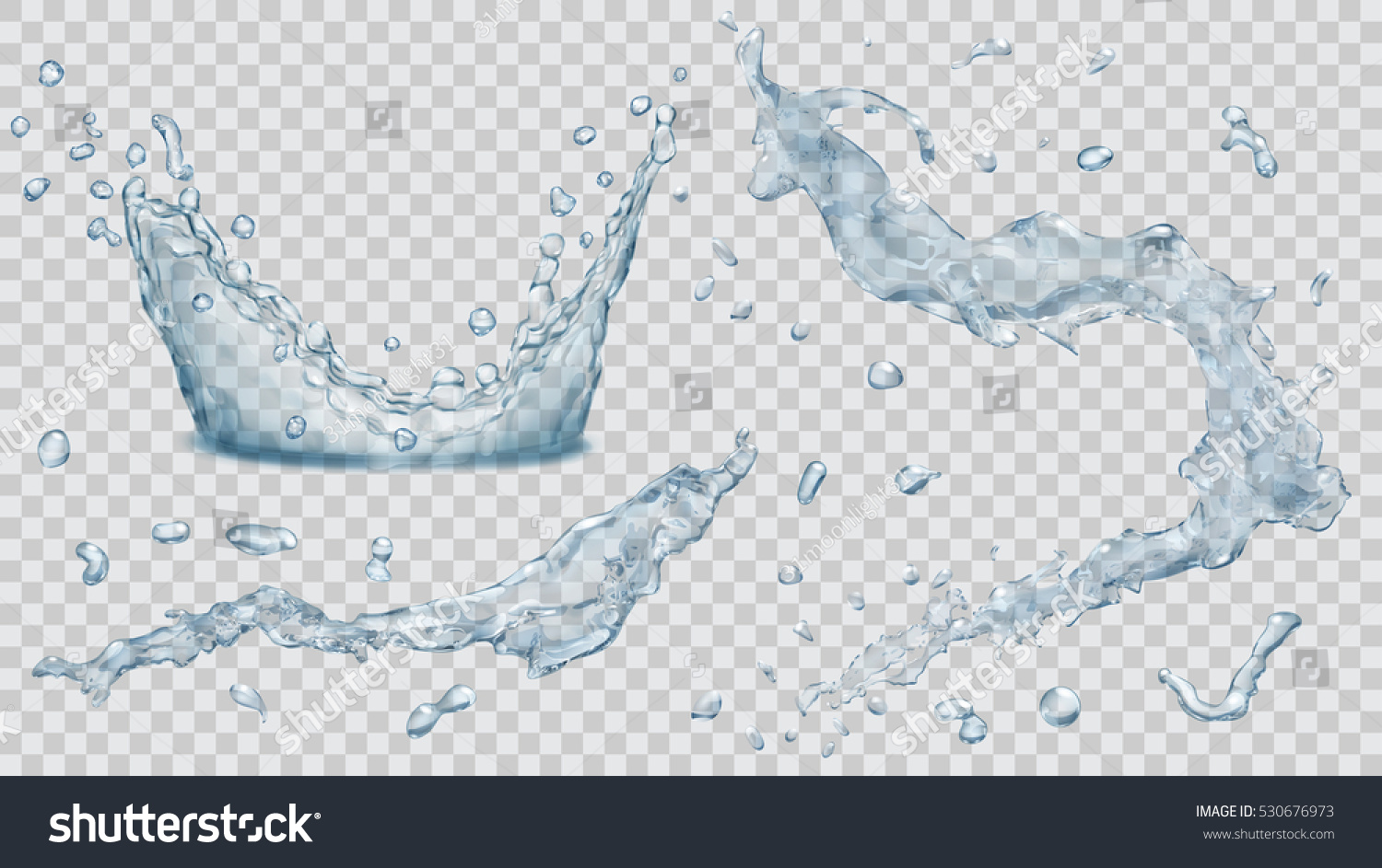 Set of translucent water splashes, drops and crown in light blue colors, isolated on transparent background. Transparency only in vector file.