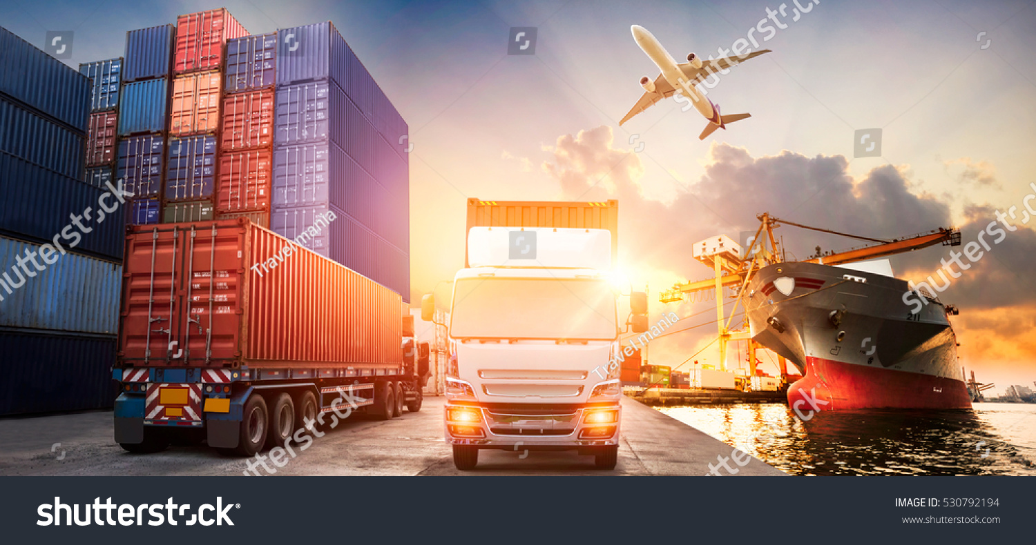 Logistics and transportation of Container Cargo ship and Cargo plane with working crane bridge in shipyard at sunrise, logistic import export and transport industry background #530792194