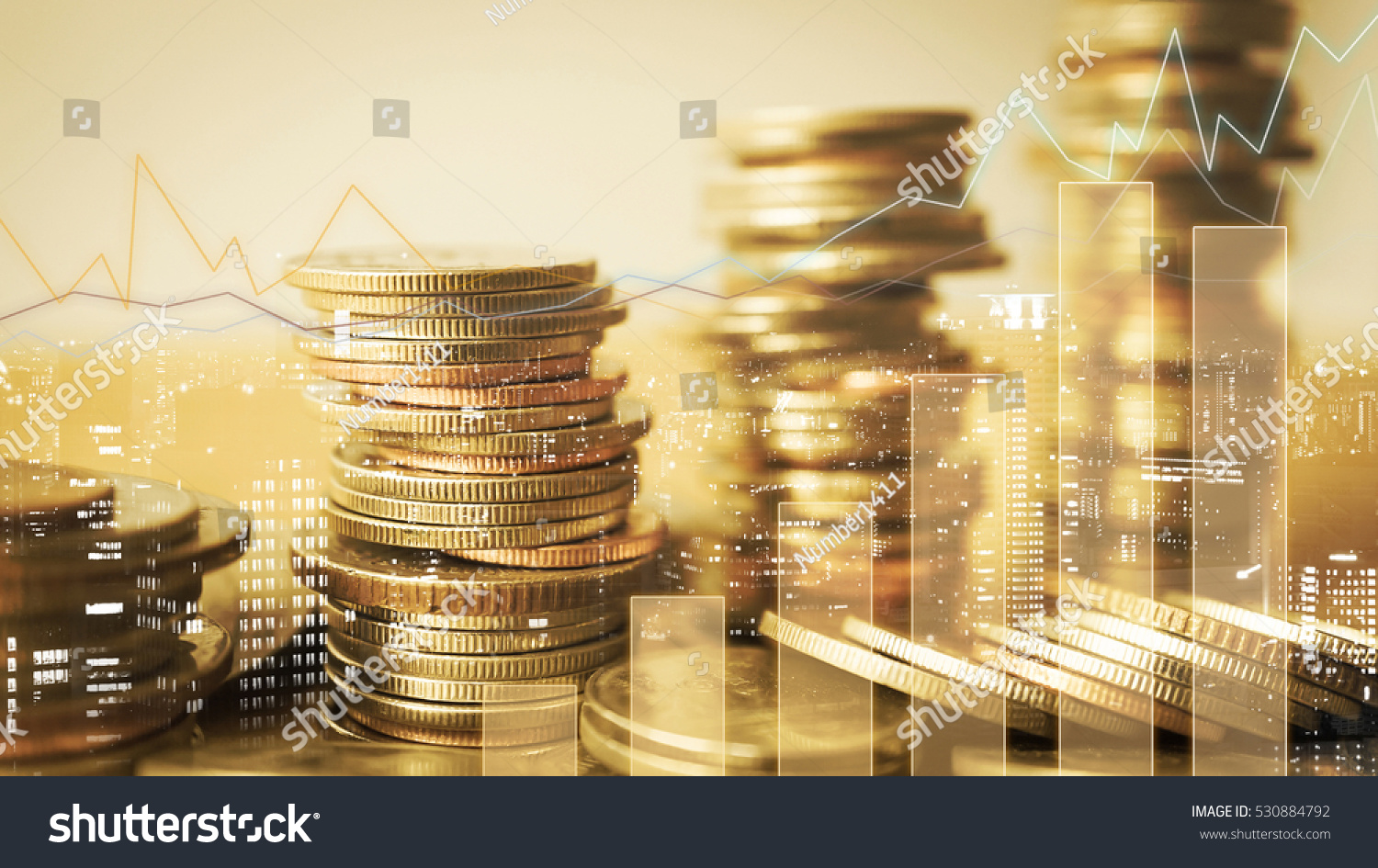 Double exposure of graph and rows of coins for finance and business concept #530884792