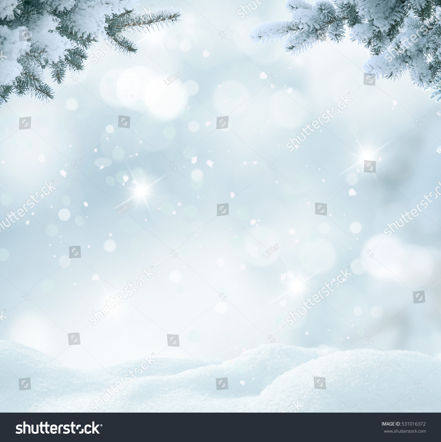 Christmas background with fir tree branch.Merry Christmas and happy New Year greeting card with copy-space.Winter landscape with snow 
 #531016372