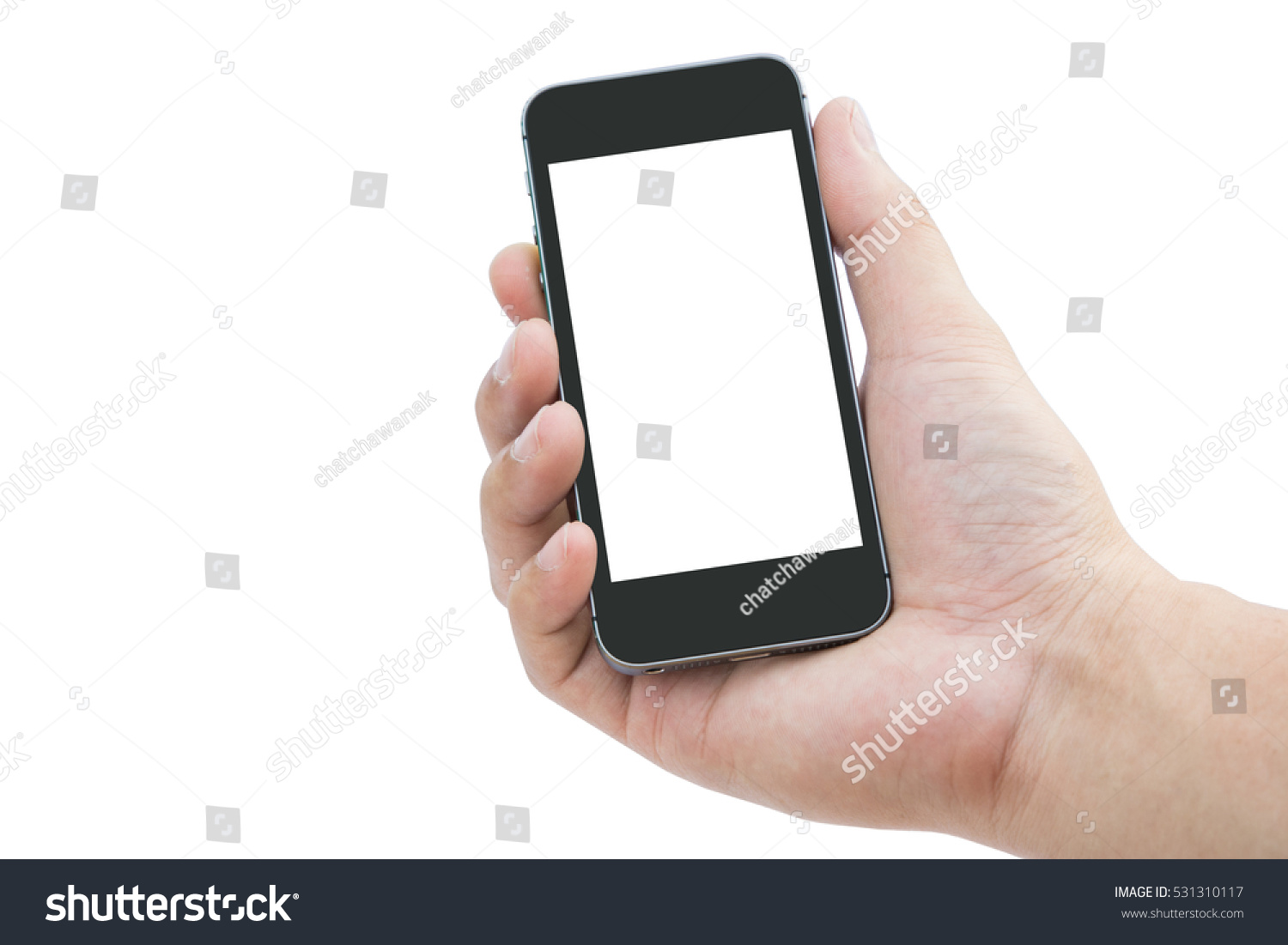 Man hand with mobile phone on white background #531310117