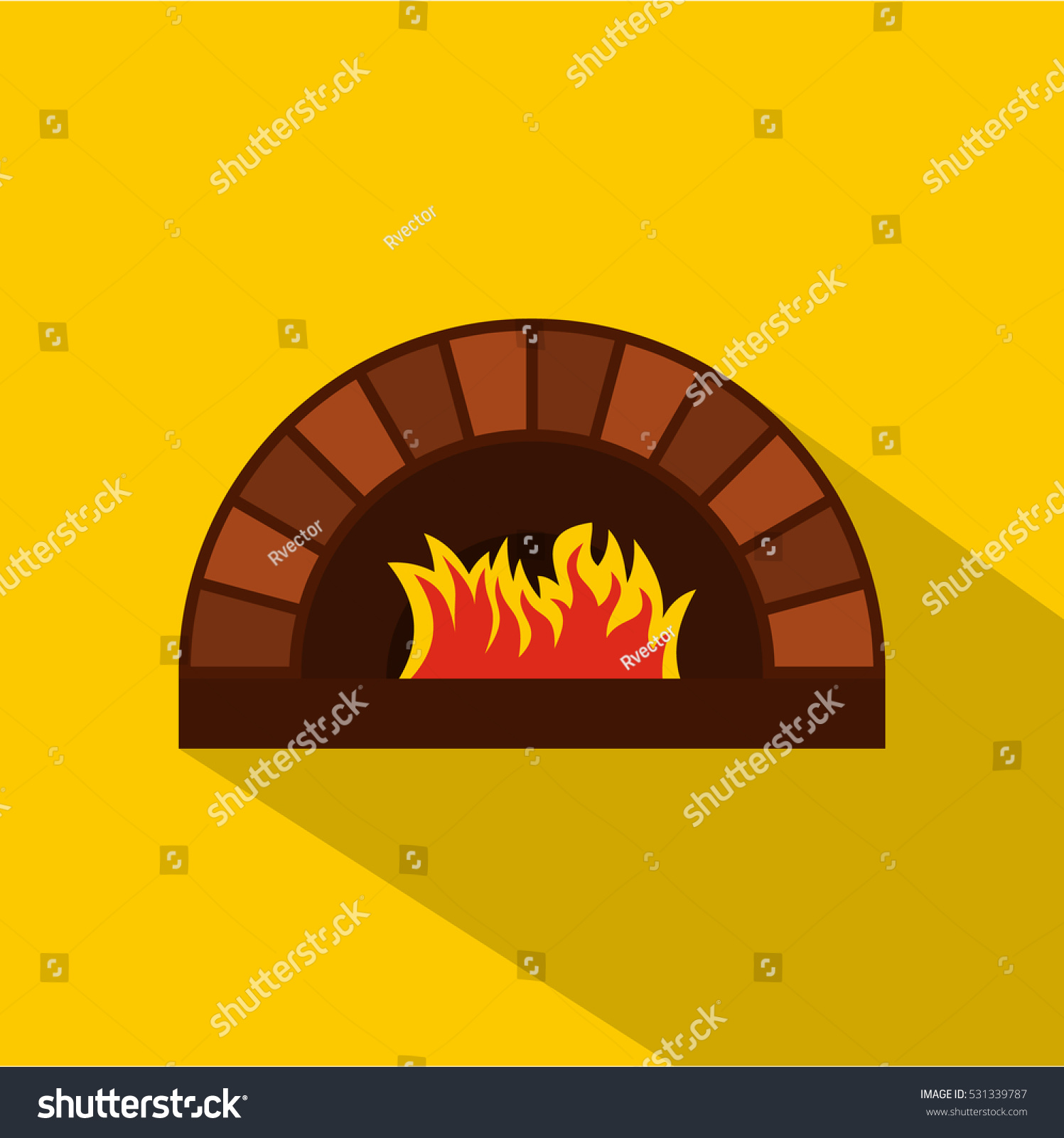 Brick pizza oven with fire icon. Flat illustration of brick pizza oven with fire  icon for web isolated on yellow background #531339787