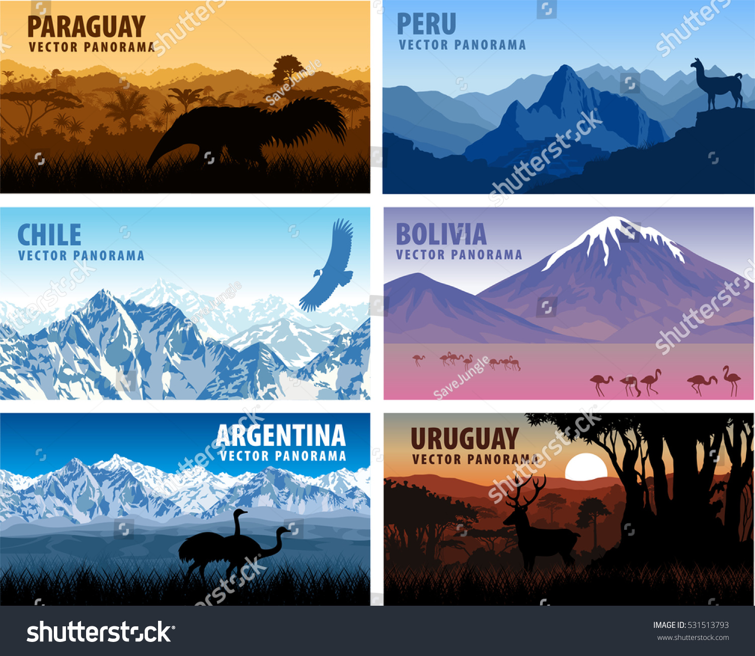 vector set of panorams countries South America - Chile, Peru, Argentina, Bolivia, Paraguay,  Uruguay #531513793