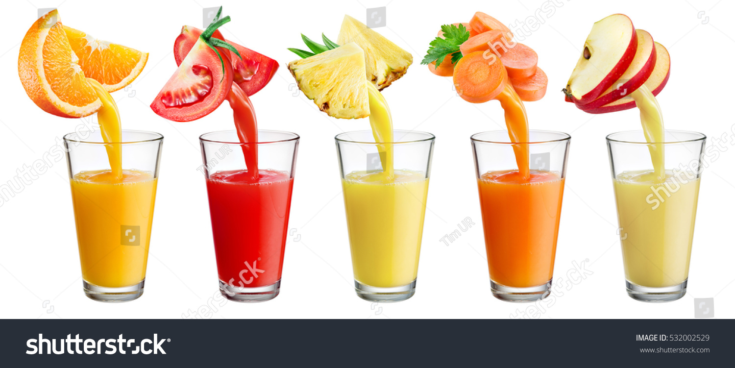Fresh juice pours from fruit and vegetables into the glass isolated on white background. Full resolution images # 531111286, 531111502, 531111292, 531111310, 531111295 #532002529