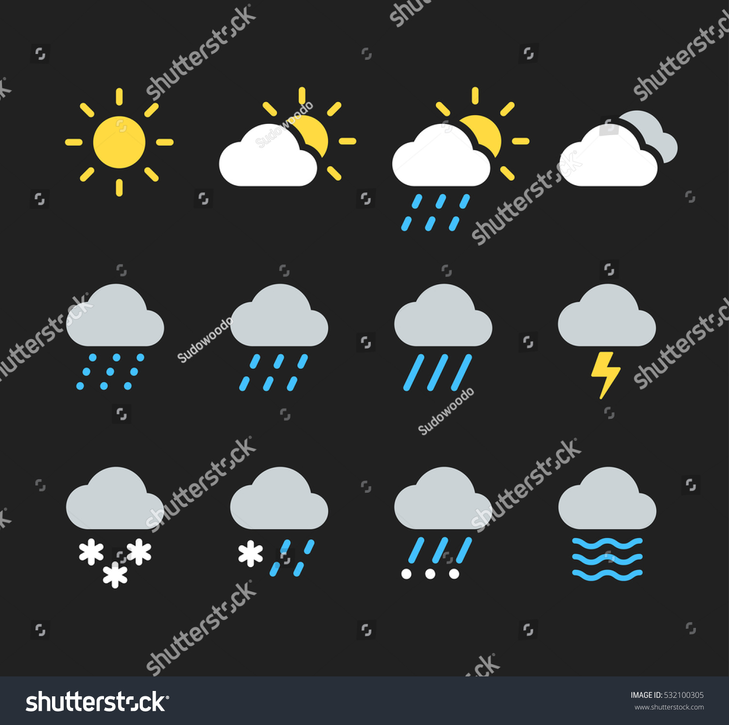 Modern weather icons set. Flat vector symbols on dark background.