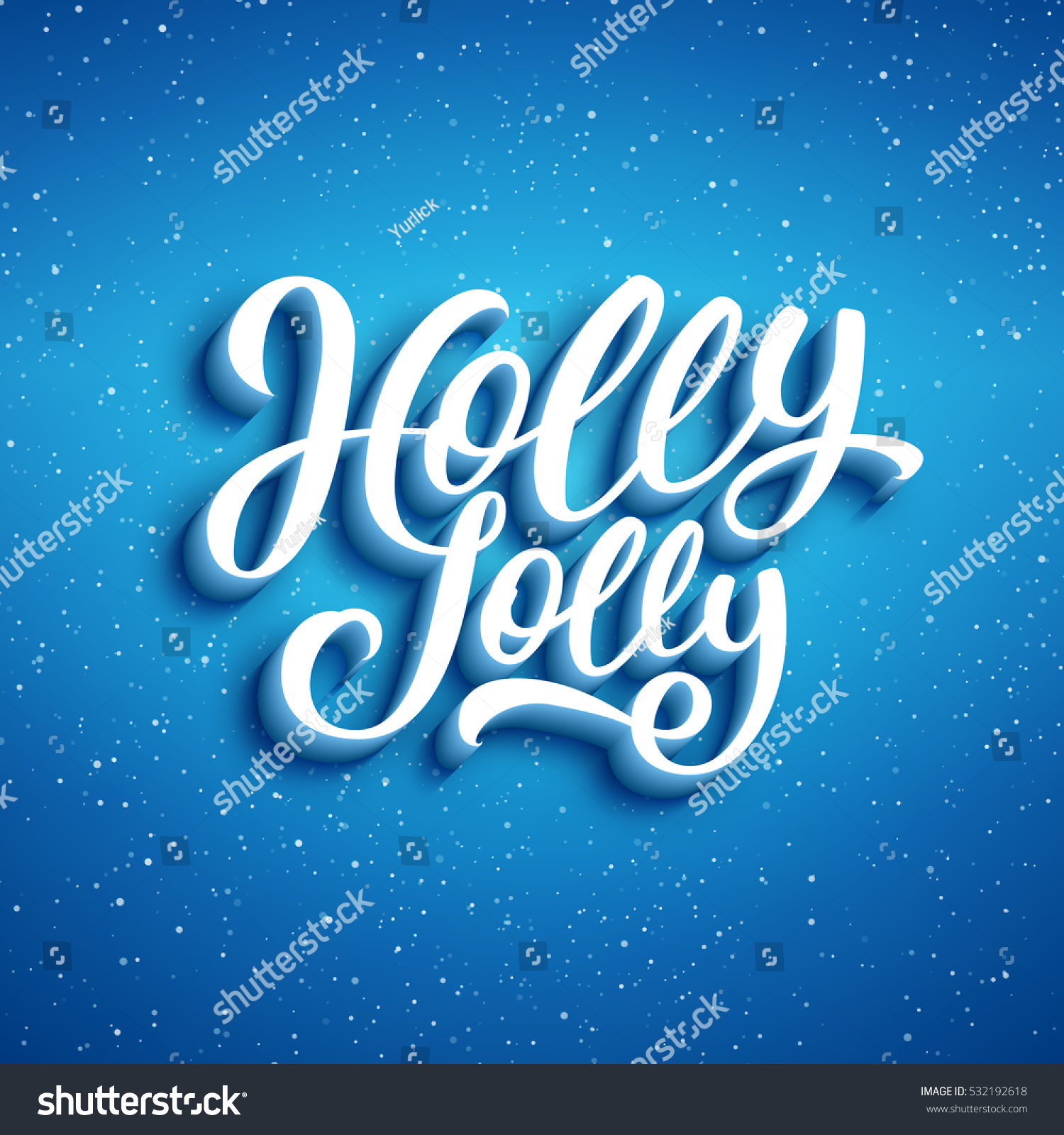 Holly Jolly lettering on blue blurry background with sparkles. Greeting card design template for Merry Christmas with 3D typography label #532192618