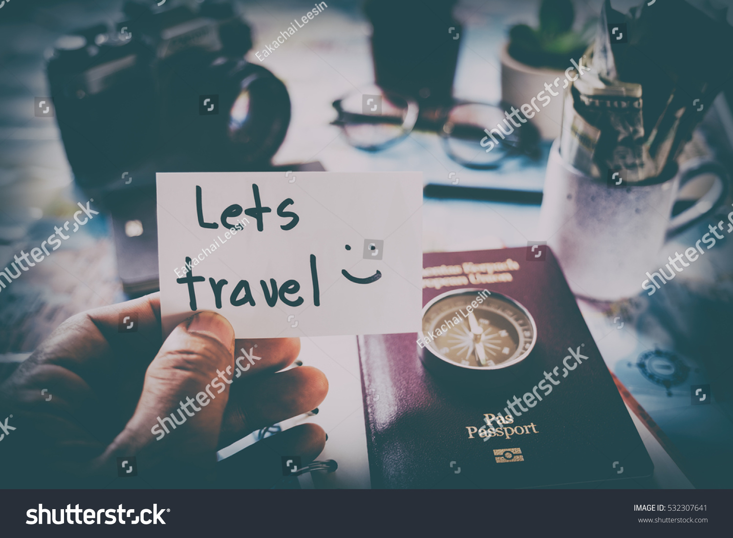 Overhead view of Traveler's accessories, Essential vacation items, Travel concept background, vintage background, love story, selective focus, save money to see the world #532307641