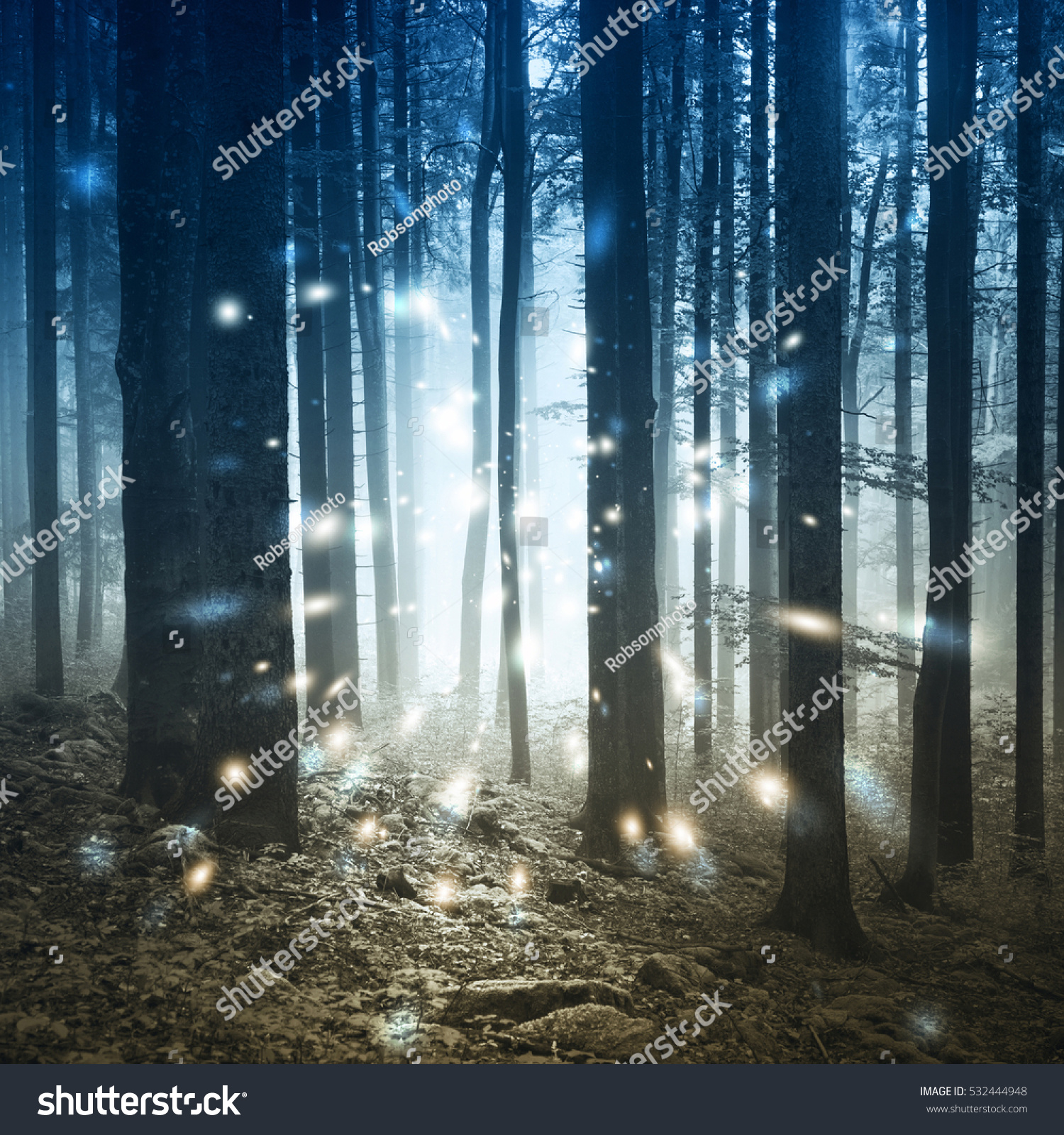 Fantasy firefly lights in the magic fairy tale foggy forest. #532444948