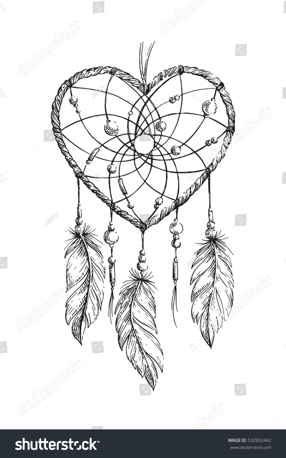 Hand drawn ethnic dreamcatcher heart Coloring page for adults Vector illustration Boho isolated
