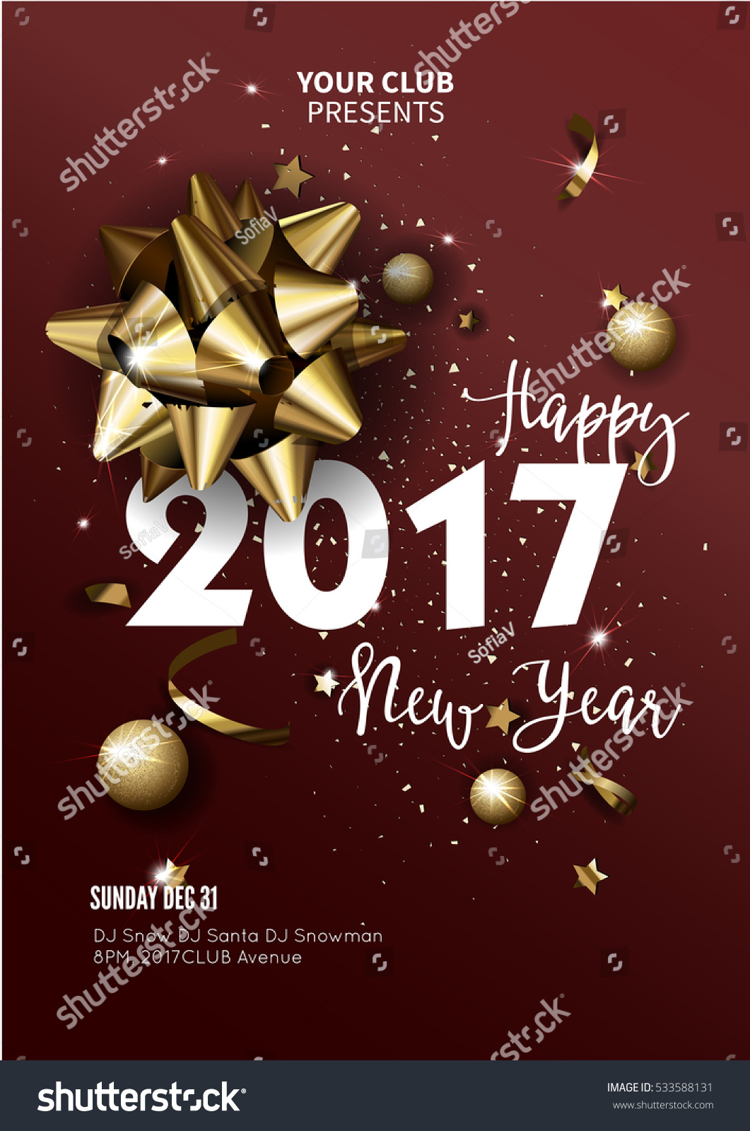 Happy New Year 2017 greeting card or poster template flyer or invitation design. Beautiful luxury holiday background with 3D golden gift bow. Vector Illustration. #533588131