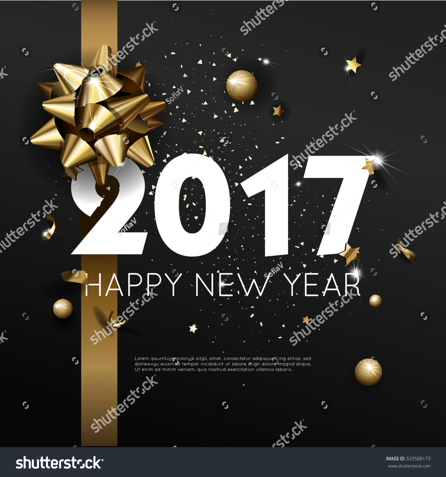 Happy New Year 2017 greeting card or poster template flyer or invitation design. Beautiful luxury holiday background with 3D golden gift bow. Vector Illustration. #533588173
