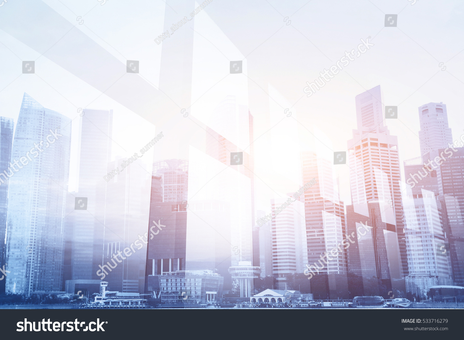 futuristic business background, double exposure of office window and city skyline #533716279