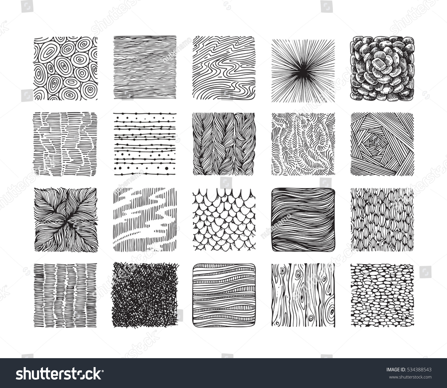 Hand drawn textures and brushes. Big artistic collection of design elements: graphic patterns, natural ornaments, wavy lines, geometric symbols made with ink. Isolated vector set. #534388543