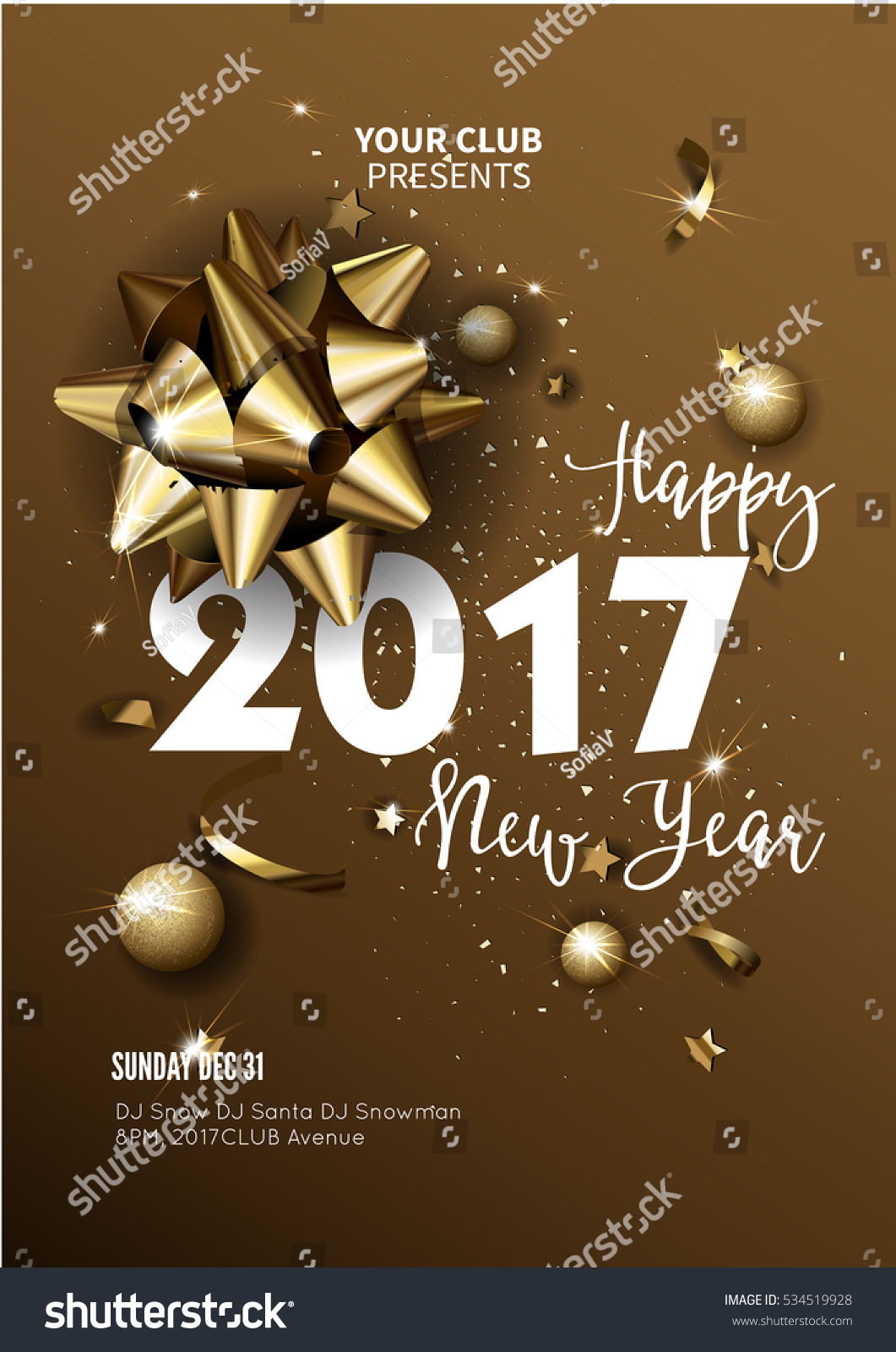 Happy New Year 2017 greeting card or poster template flyer or invitation design. Beautiful luxury holiday background with 3D golden gift bow. Vector Illustration. #534519928