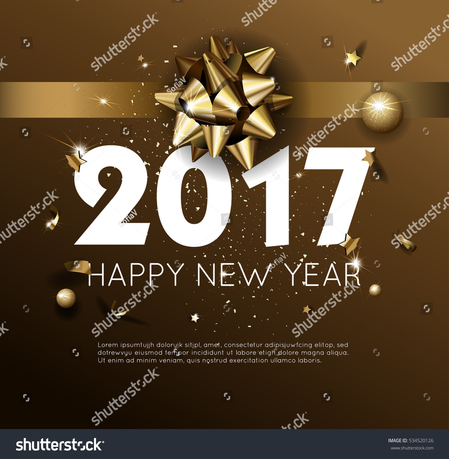 Happy New Year 2017 greeting card or poster template flyer or invitation design. Beautiful luxury holiday background with 3D golden gift bow. Vector Illustration. #534520126