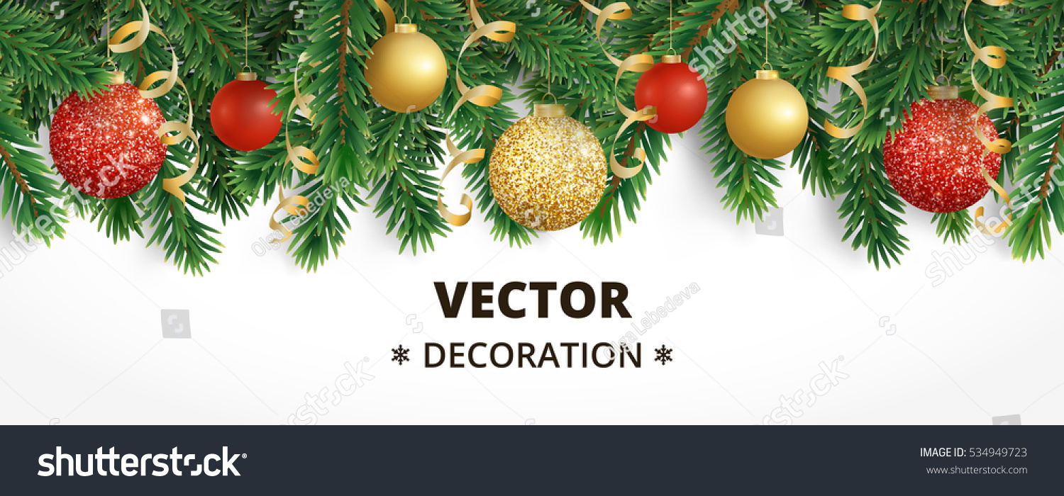 Horizontal banner with christmas tree garland and ornaments. Hanging gold and red balls and ribbons. Great for flyers, posters, headers. Vector illustration #534949723