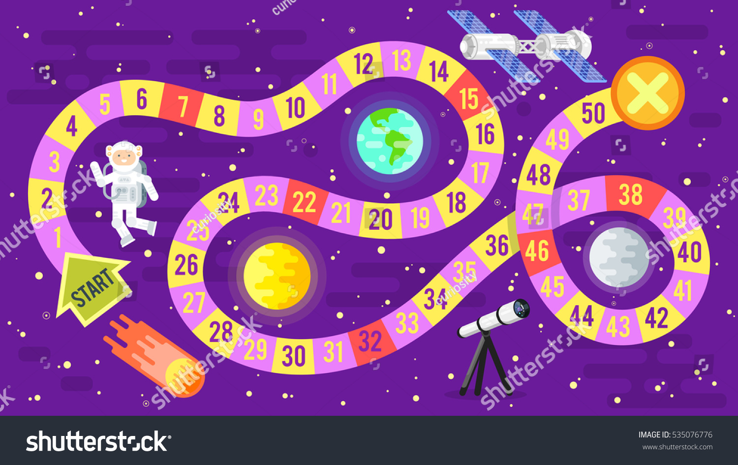 Vector flat style illustration of kids science and space board game. Template for print.  #535076776
