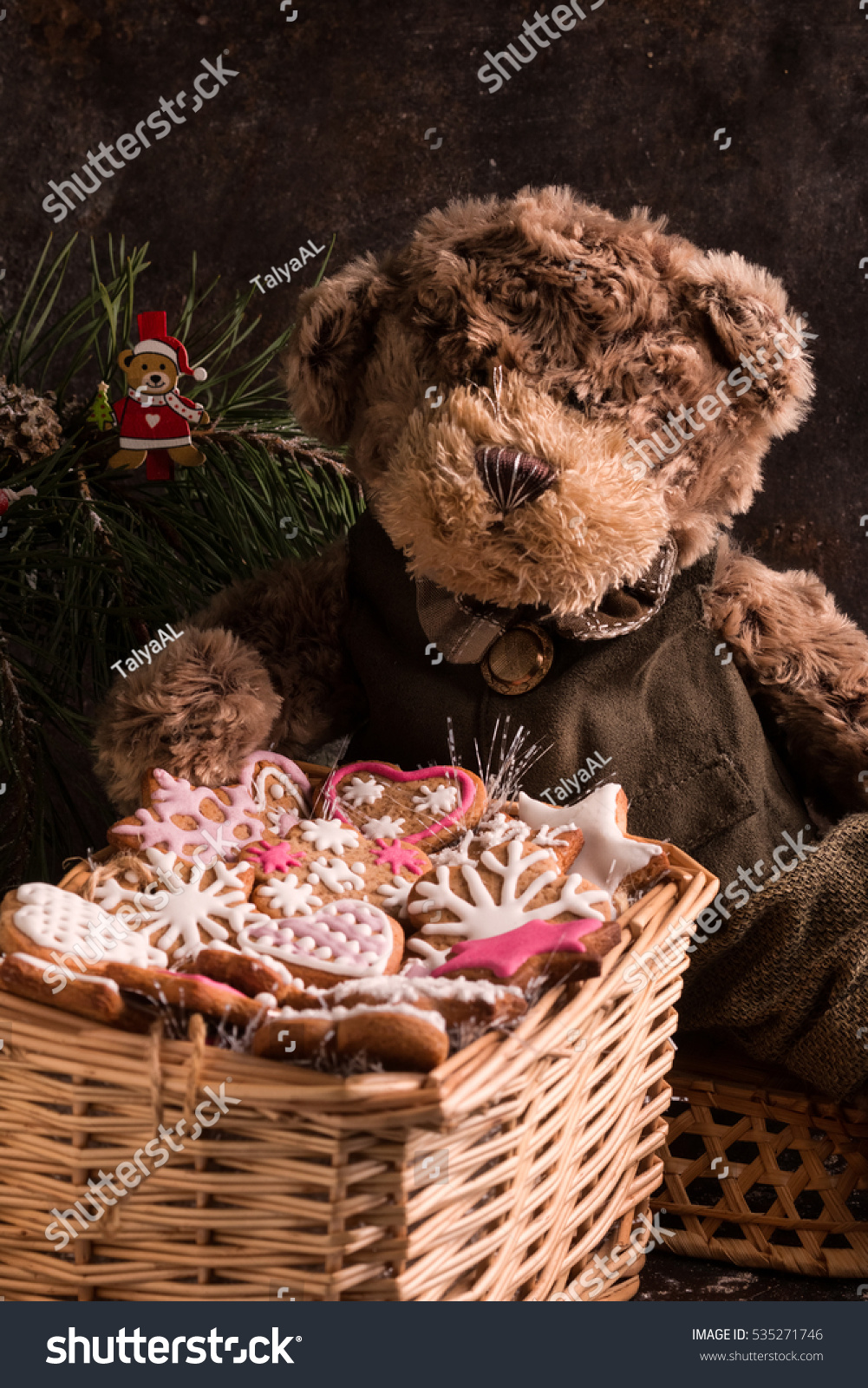 Christmas Cookies in a shape of Snowflake, Heart and Star. Cookie Exchange. Basket with Old-Fashioned Gingerbread Cookies. Perfect for holiday season. Box of Christmas Cookies with Teddy Bear.  #535271746