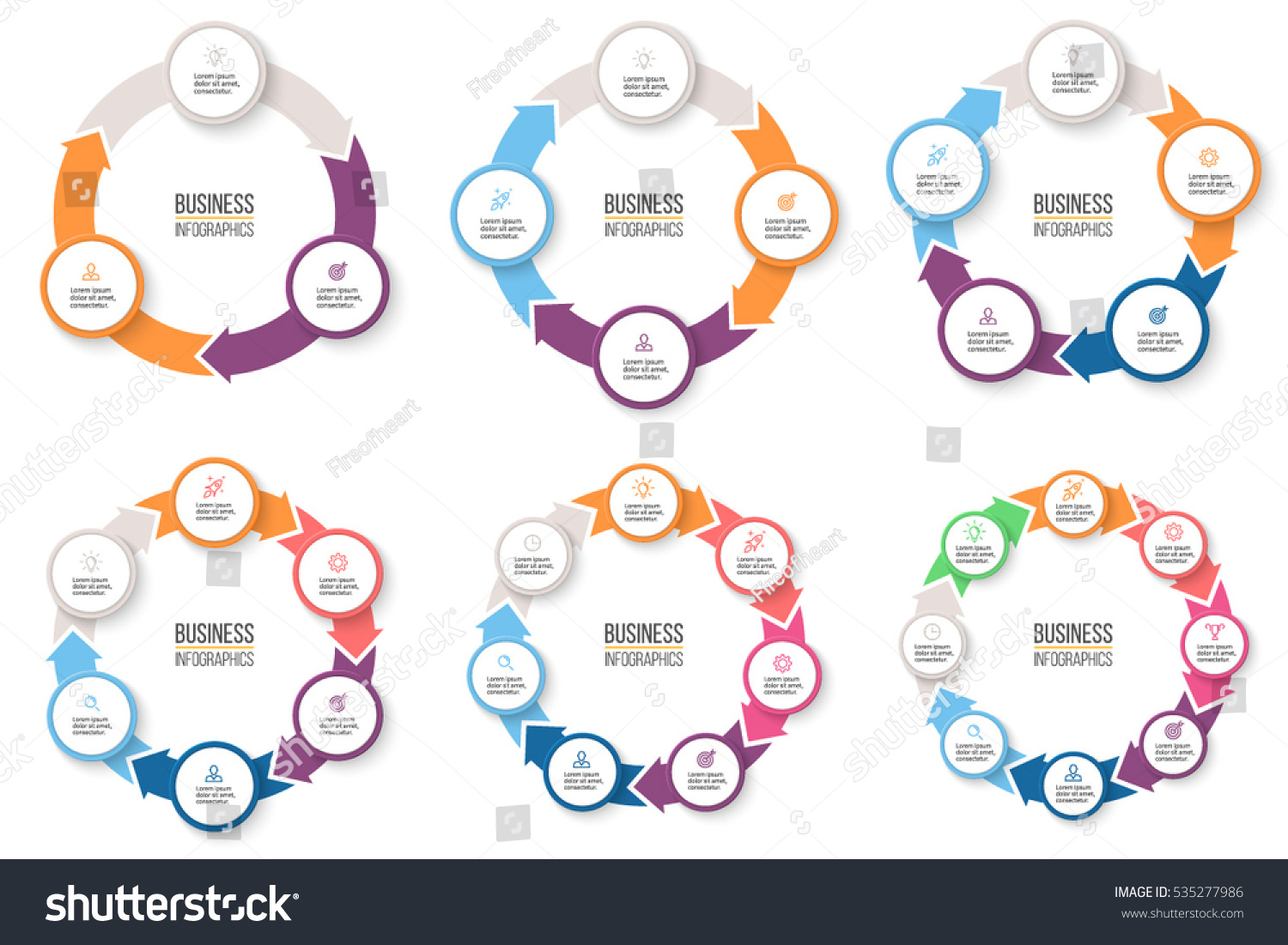 Business infographics. Infographic elements with 3, 4, 5, 6, 7, 8 steps, arrows, circles. Vector pie charts. #535277986