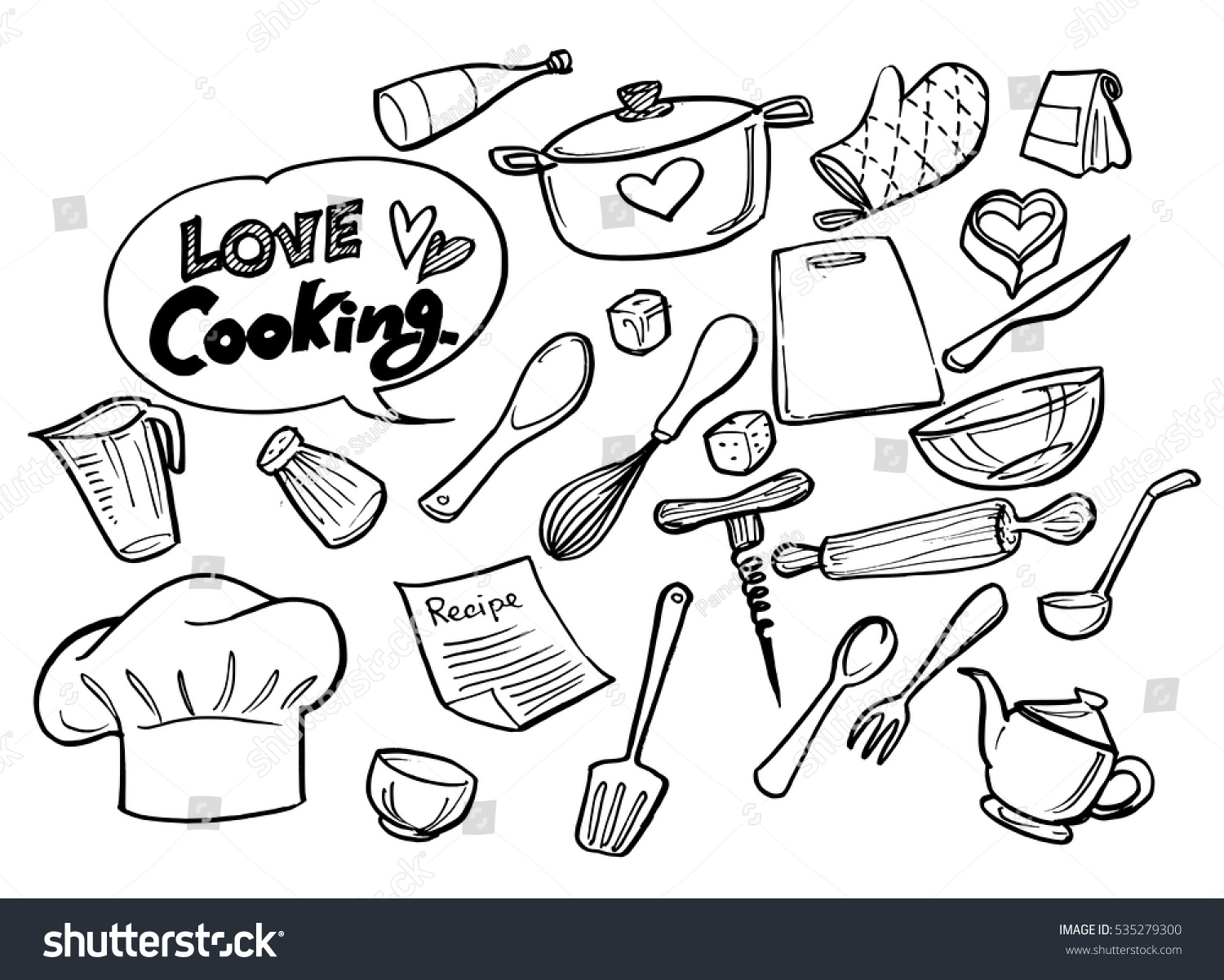 love cooking concept.Poster with hand drawn kitchen utensils.  #535279300