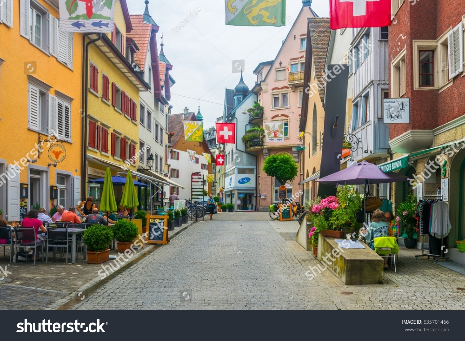 ARBON, SWITZERLAND, JULY 22, 2016: view of the main street of the swiss town Arbon famous for ist saint martin church and castle
 #535701466