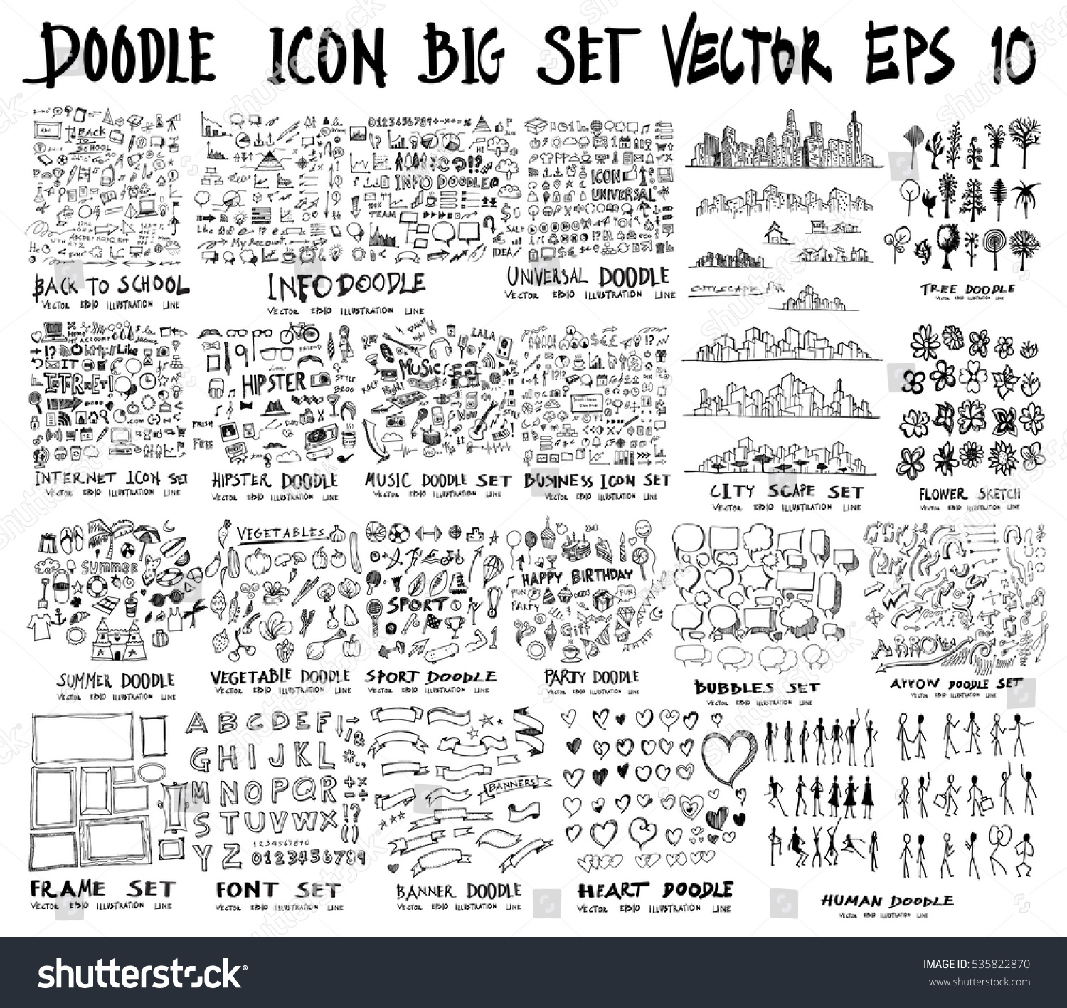 MEGA set of doodles of Back to school, Arrow ,Business, Social shopping elements, tree, Info, Internet, Universal, Party, Human, Creative, City scape, Sport, summer, Frame, Font, Banner, Heart,Music #535822870