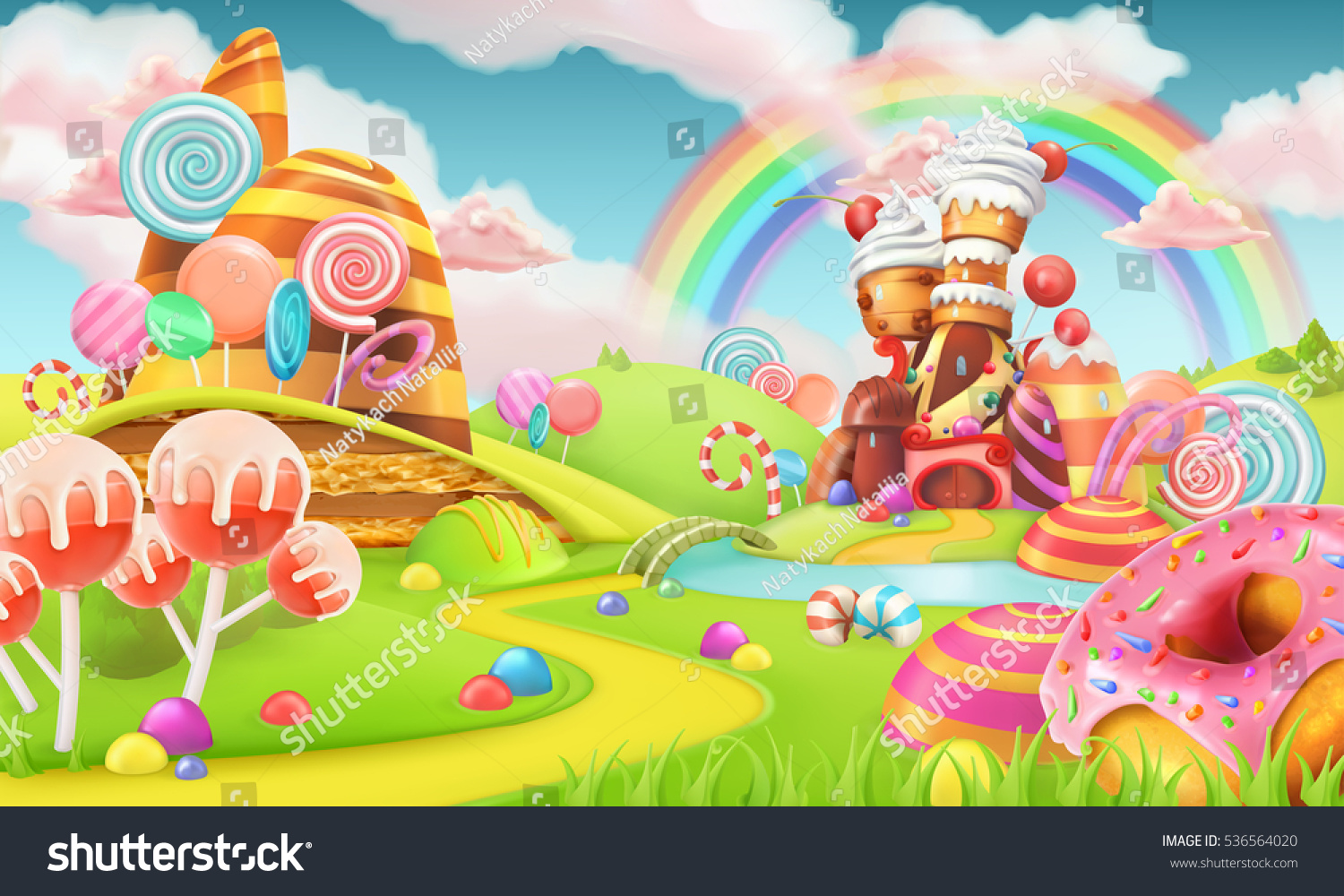 Sweet candy land. Cartoon game background. 3d vector illustration #536564020