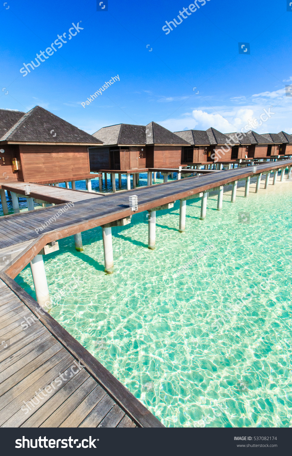  tropical beach in Maldives with few palm trees and blue lagoon #537082174