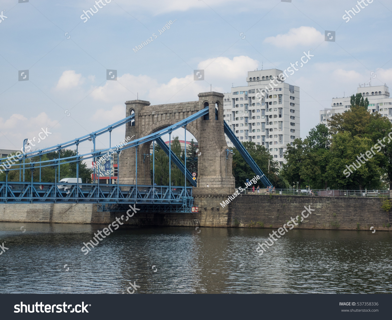 Grunwaldzki Bridge is a suspension bridge over the River Oder in Wroclaw, Poland, built over the years 1908-1910. #537358336