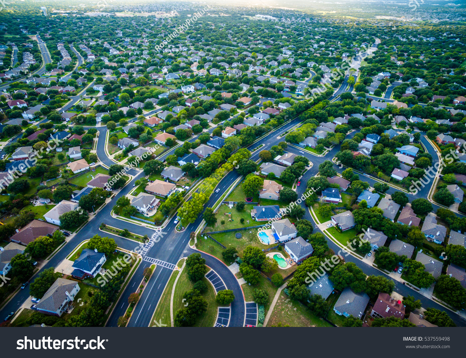 Thousands of houses aerial birds eye view suburb housing development new neighborhood in Austin , Texas , USA modern architecture and design #537559498