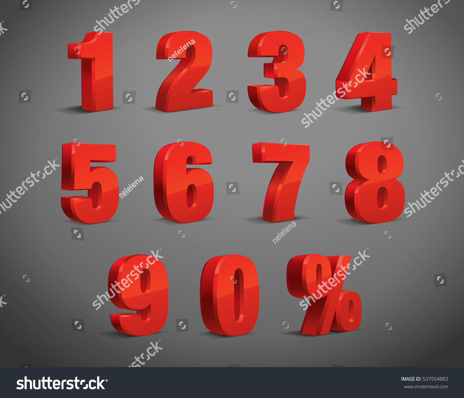3D Red Metallic Letter. 0, 1, 2, 3, 4, 5, 6, 7, 8, 9 numeral alphabet. Vector Isolated Number. #537954883