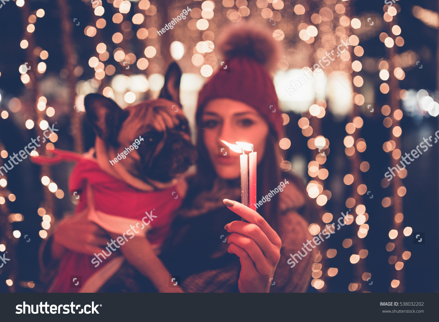 Beautiful young brunette woman with French bulldog enjoying Christmas or New Year night on a city street. Selective focus on woman's hand. #538032202