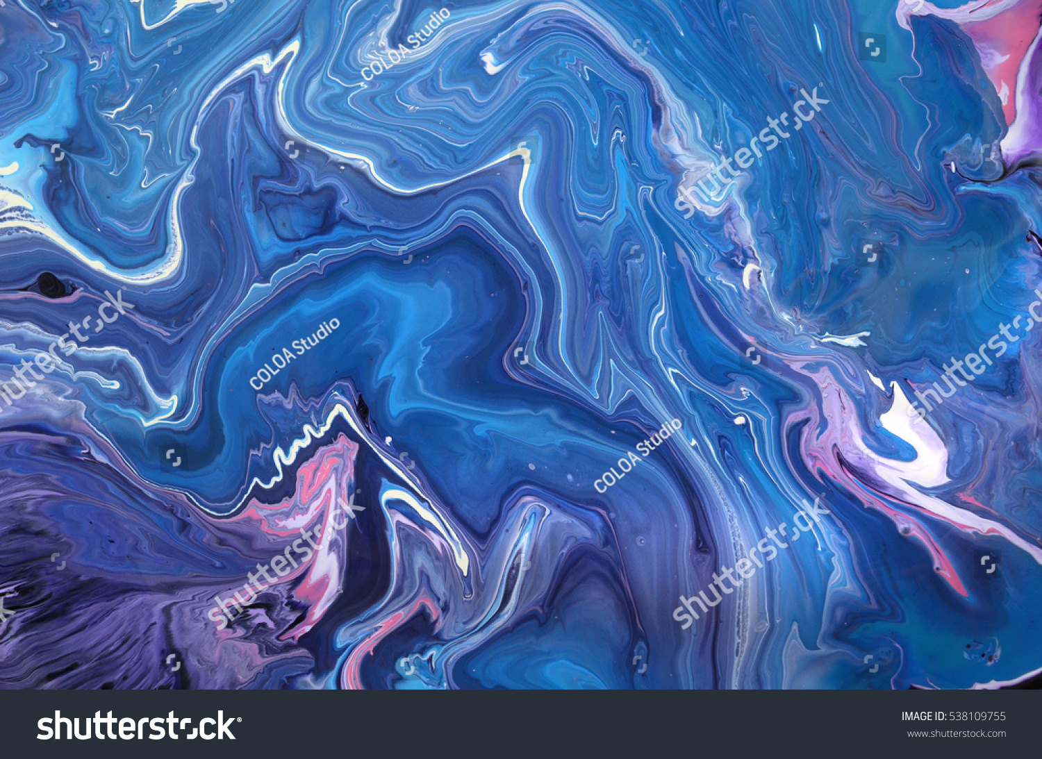 Blue and violet colours. Liquid paints on wet paper. Beautiful grunge texture for card, poster, invitation. Unusual abstract illustration. Horizontal image. Marble background. #538109755