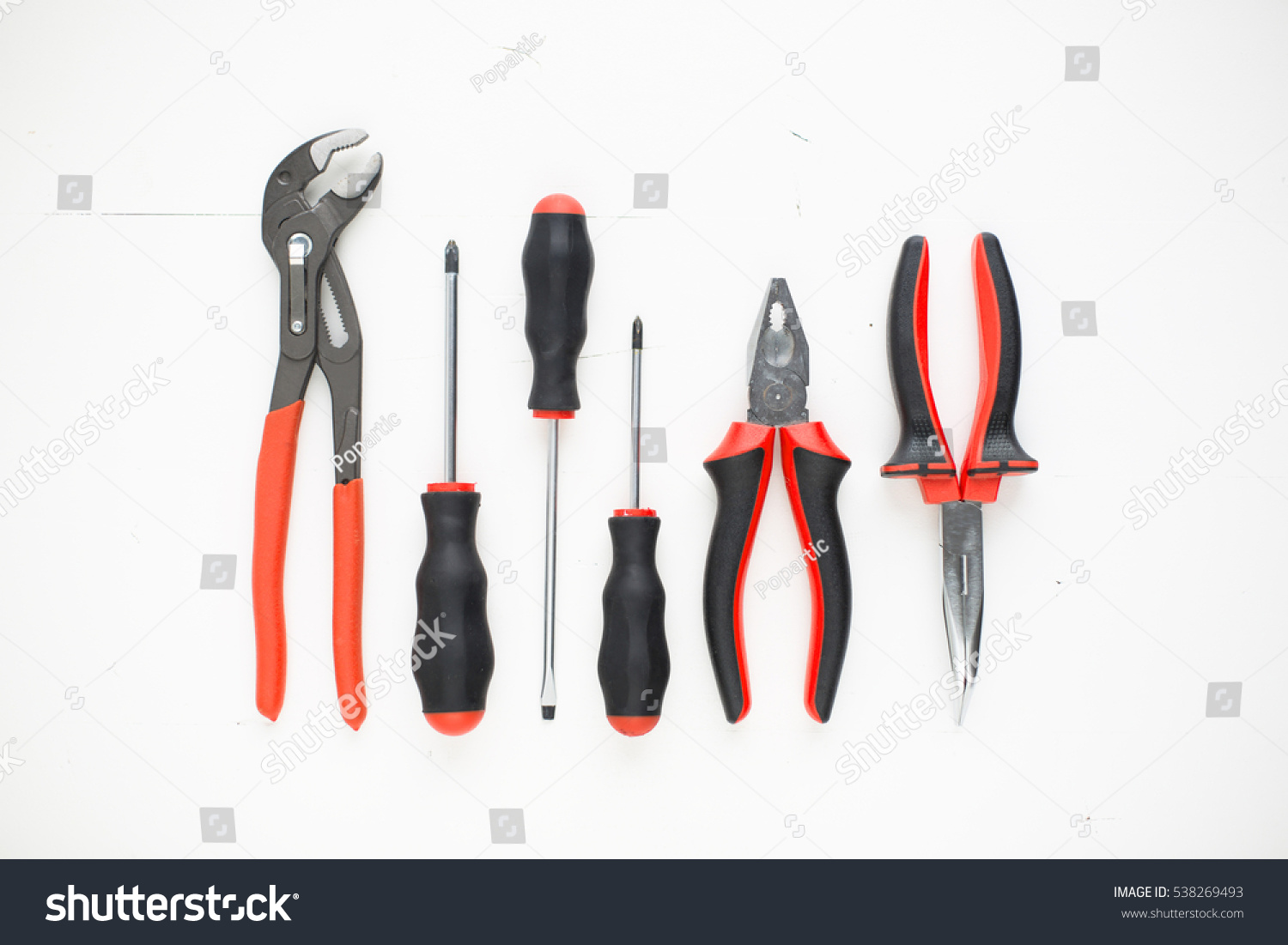 Pliers and screwdrivers on white background. Set of diy hand tools. Work tools of flat lay
 #538269493