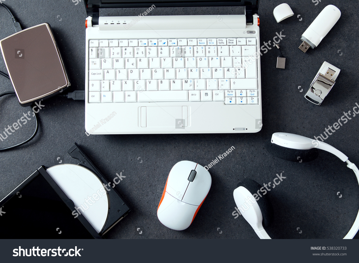 Computer peripherals & laptop accessories. Composition on stone counter #538320733