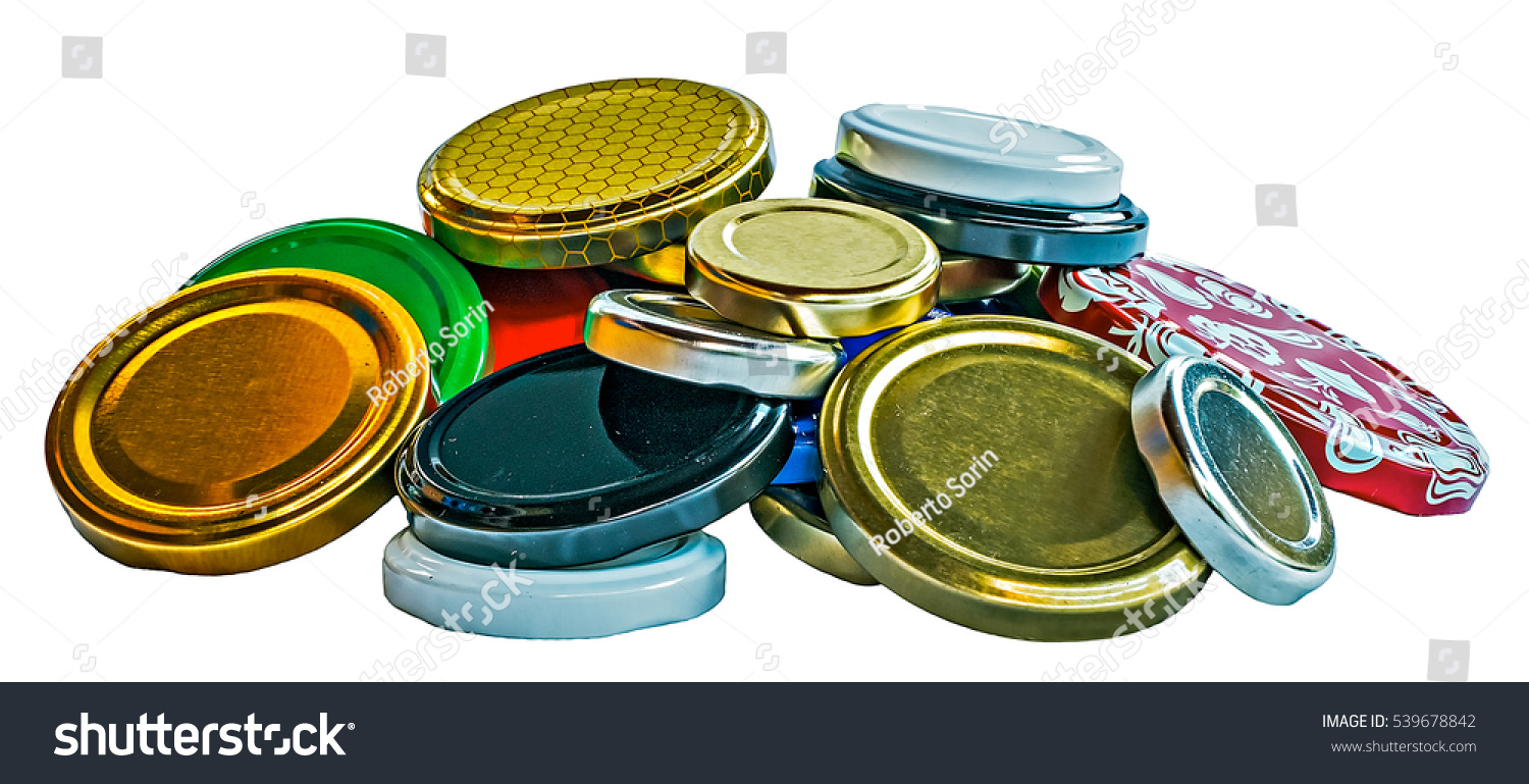 Colorful metallic lids for jars isolated on white background #539678842