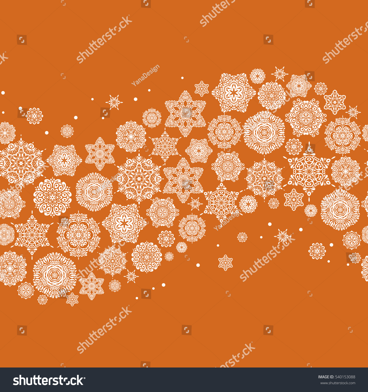Christmas card with snowflakes design on orange background. Winter card. Merry Christmas, New Year and Happy Holiday vector illustration. #540153088