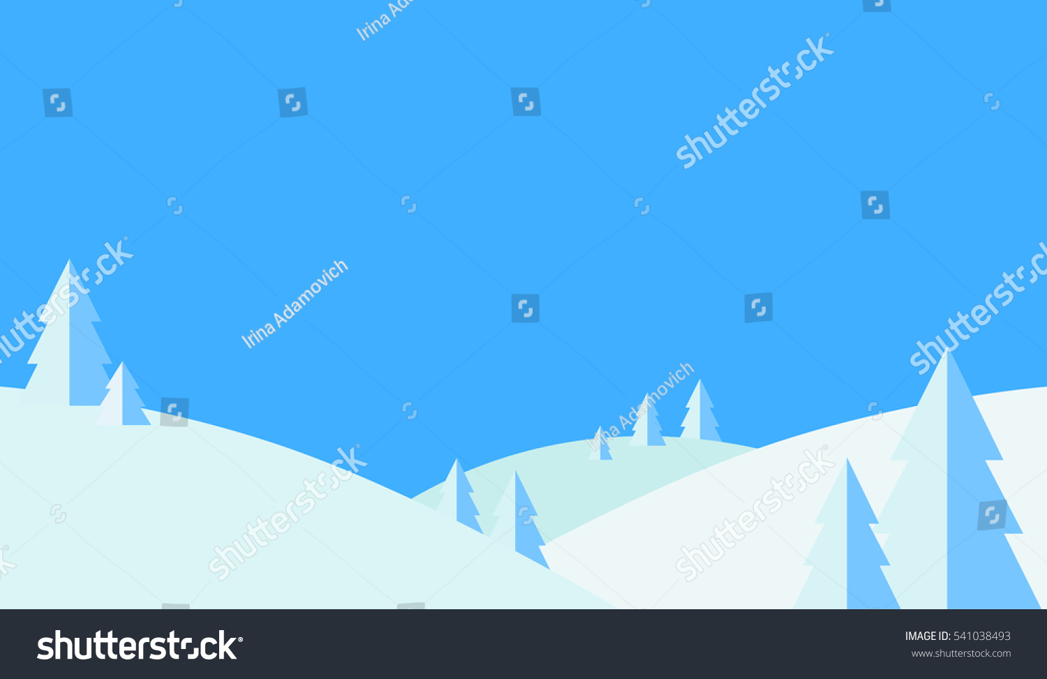 Winter landscape background. Blue and white colors. Panoramic view: Forest, Mountain, Hill, Snow, Tree. Horizontal banner. Christmas card. Flat Cartoon minimalist design. Vector illustration #541038493