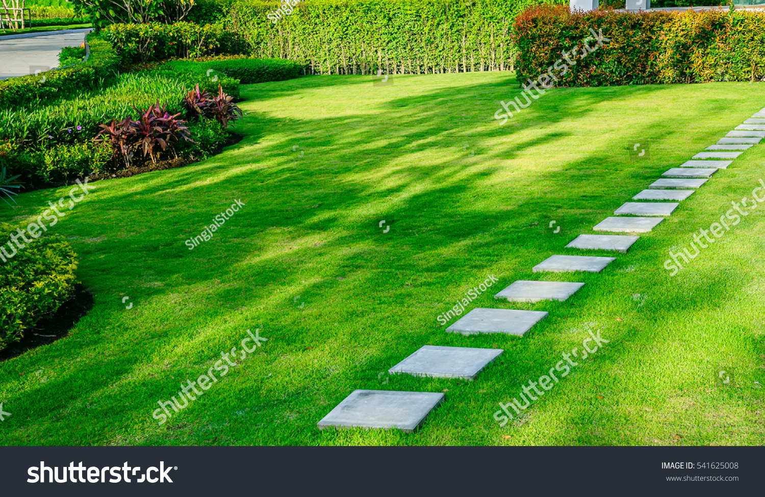White walkway sheet in the garden, green grass with cement path  Contrasting with the bright green lawns and shrubs, shadows, trees, and morning sun Garden landscape design, lawn care service. #541625008